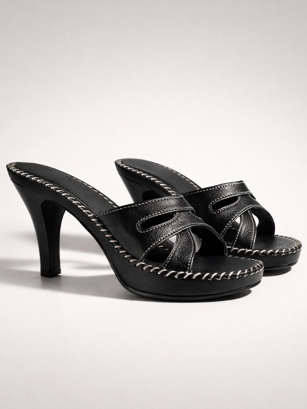 MIA Black Leather Open-Toe Heeled Mules with Contrast Stitching